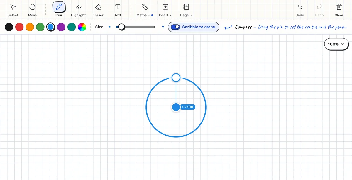 Compass tool on the Clean Slate whiteboard drawing a perfect circle of radius 100 on squared paper