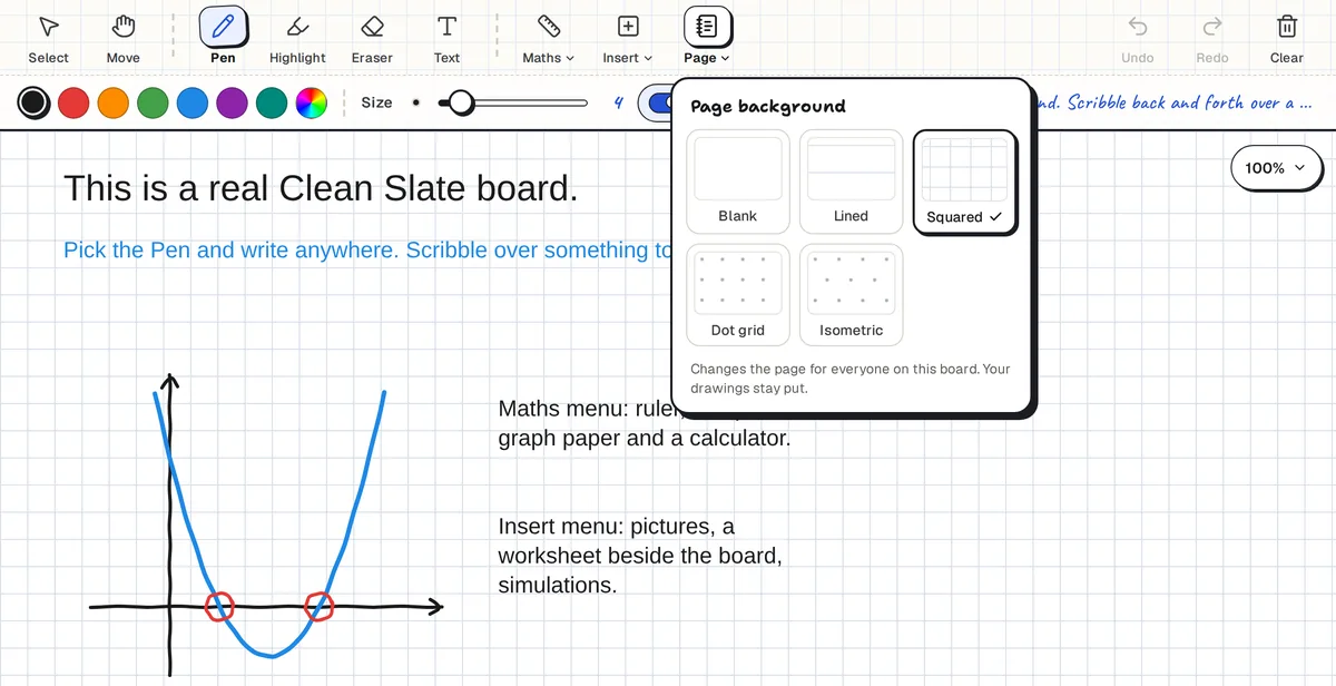 Page background menu in Clean Slate with blank, lined, squared, dot grid and isometric paper