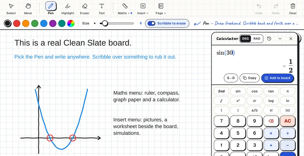 Scientific calculator on the Clean Slate whiteboard showing sin(30) = 1/2 as an exact fraction, with an Add to board button