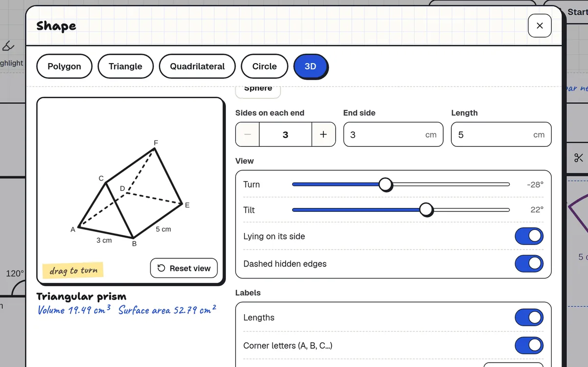 Shape tool in Clean Slate showing a triangular prism that can be turned, with dashed hidden edges, its volume and its surface area