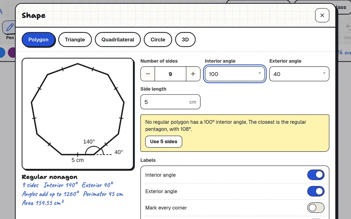 Shape tool in Clean Slate explaining that no regular polygon has a 100 degree interior angle and offering the regular pentagon instead