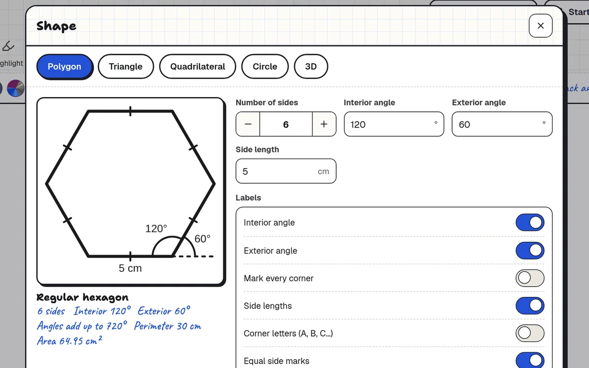 Shape tool in Clean Slate showing a regular hexagon with its 120 degree interior angle and 60 degree exterior angle, side length, perimeter and area