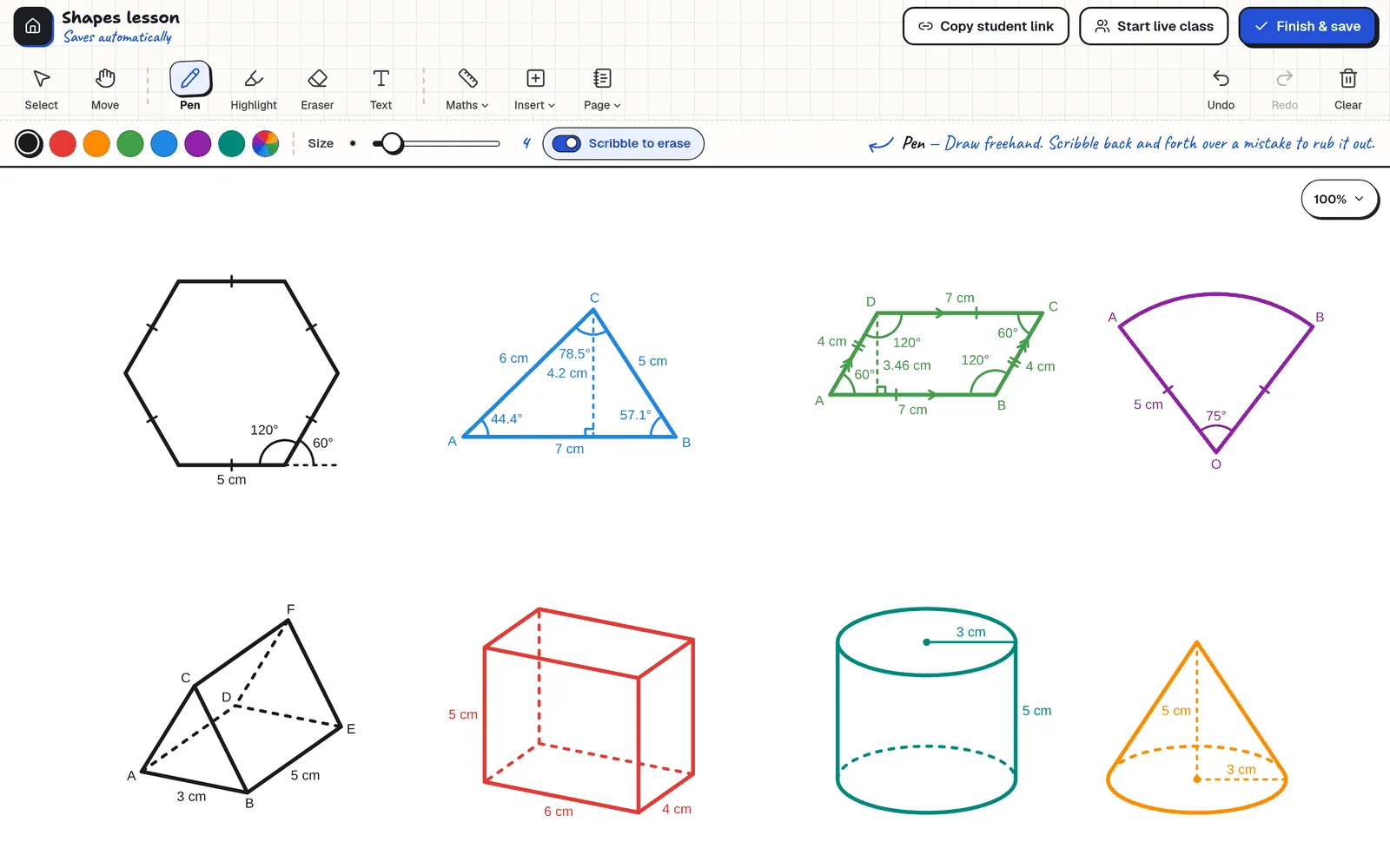 Clean Slate whiteboard with a hexagon, a triangle, a parallelogram, a sector, a triangular prism, a cuboid, a cylinder and a cone, each with its angles and lengths labelled