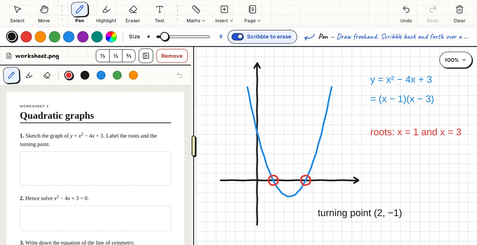 Clean Slate online whiteboard with a quadratics worksheet open beside the board, a hand-drawn parabola with its roots circled, and typed working